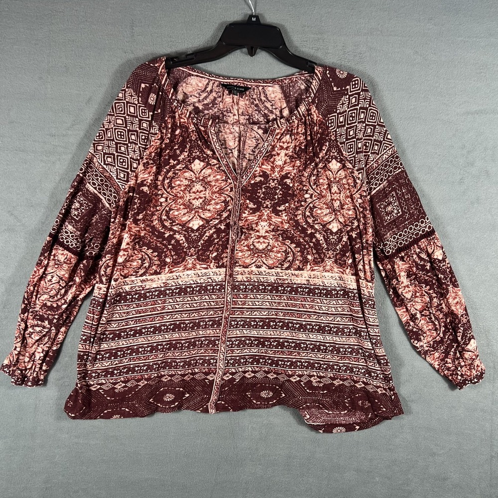Lucky Brand Women's 2X Plus Peasant Top Blouse Maroon Pink Floral Paisley Tassel